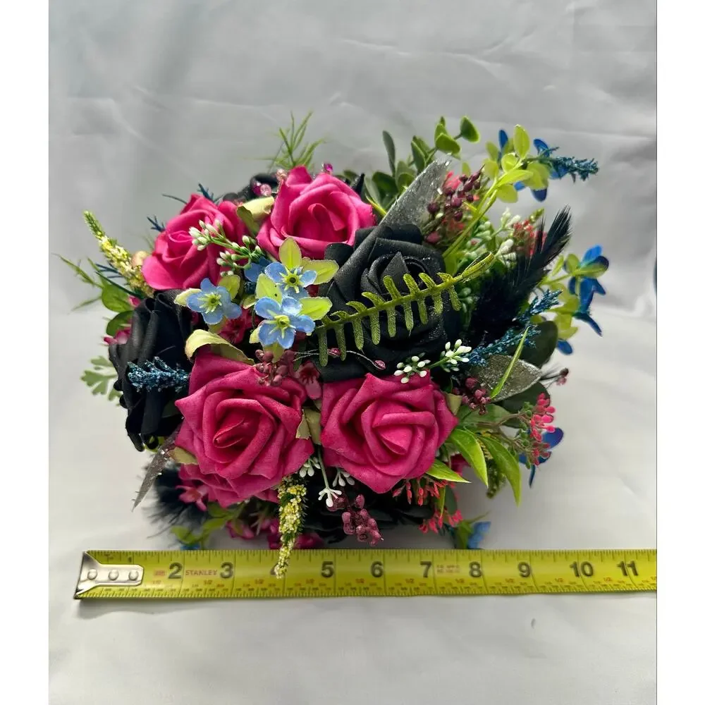 Homecoming prom floral bouquet artificial pink black blue feathers greensilver